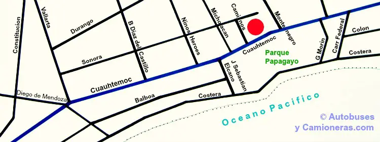 Mapa con ubicación de la Central de Autobuses de Acapulco, Gro., México.