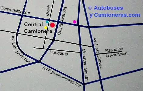 Mapa con Ubicación de Hoteles situados cerca de la Central  Camionera de Aguascalientes.