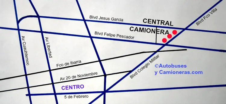 Mapa y ubicación de la Central de Autobuses de Durango.