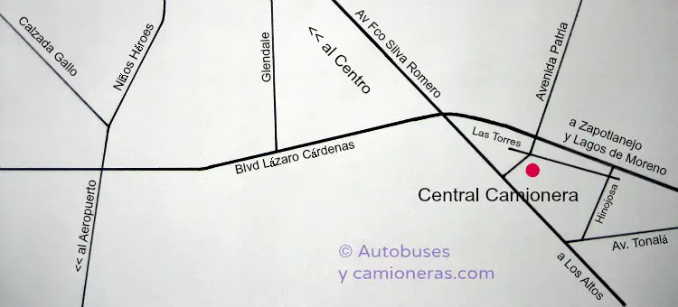 Mapa con ubicación de la Nueva Central Camionera de Guadalajara.