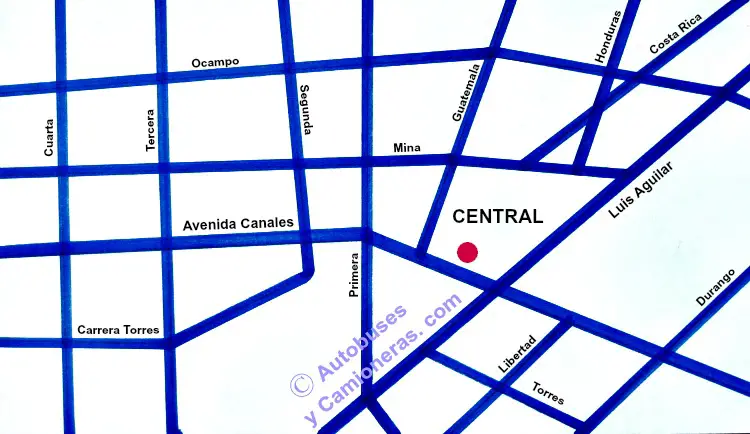 Mapa con Ubicación de la Central de Autobuses de Matamoros, Tamaulipas, México.