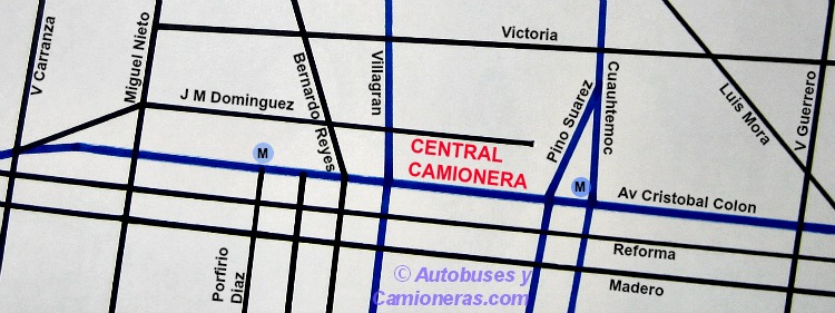 Mapa con ubicación de la Central de Autobuses de Monterrey, NL, México.