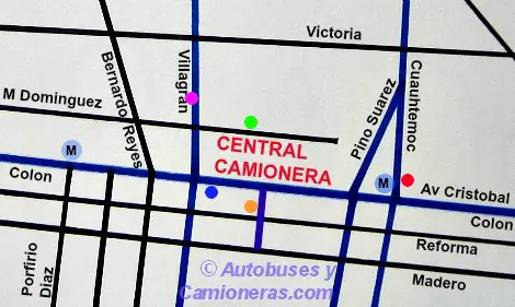 Mapa con Ubicación de Hoteles situados cerca de la Central  Camionera de Monterrey, México.
