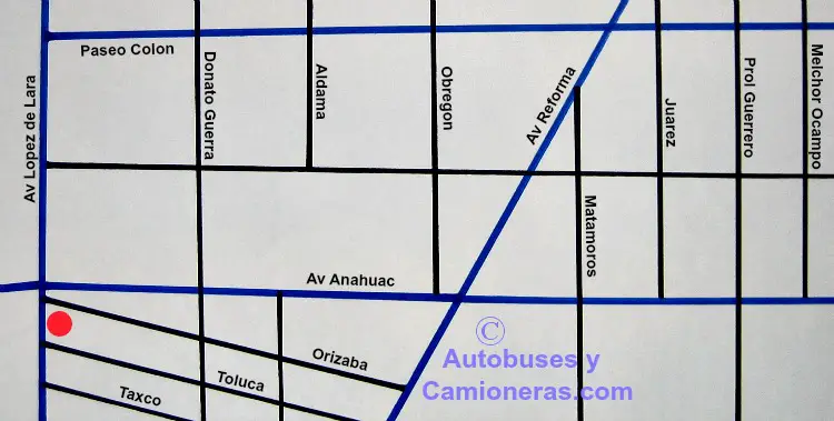 Mapa con ubicación de la Terminal de Autobuses Estrella Blanca en Nuevo Laredo, Tamaulipas.