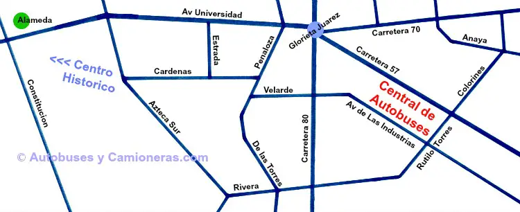 Mapa con ubicación de la Central de Autobuses de San Luis Potosí, México.