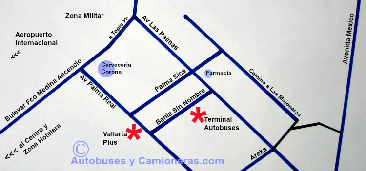 Dónde están las dos Centrales Camioneras de Autobuses de Puerto Vallarta, Jalisco, en el Mapa.